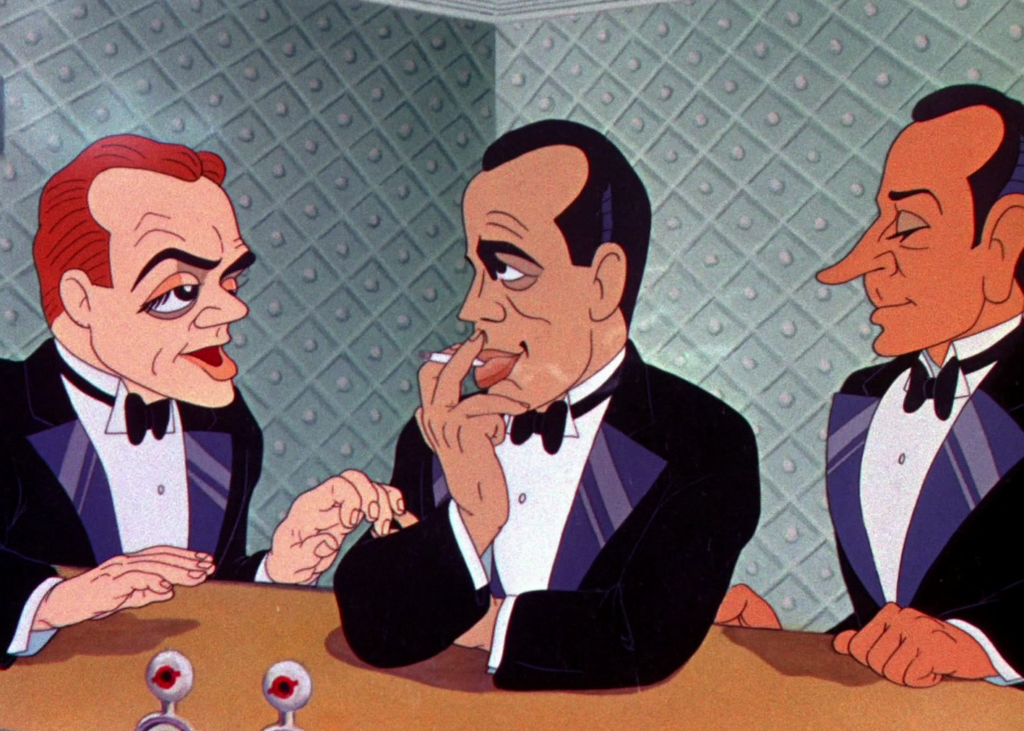 Old Hollywood gangster movie actors (James Cagney, Humphrey Bogart, and George Raft) talk and smoke in the cartoon 'Hollywood Steps Out'.
